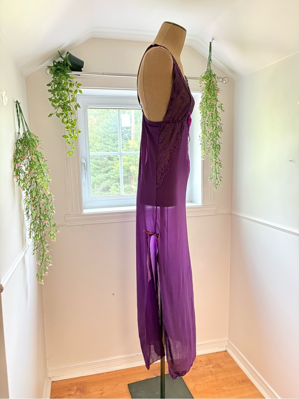 Purple Lace Sheer Maxi Slip Dress with Rose Accent - Picture 3 of 6